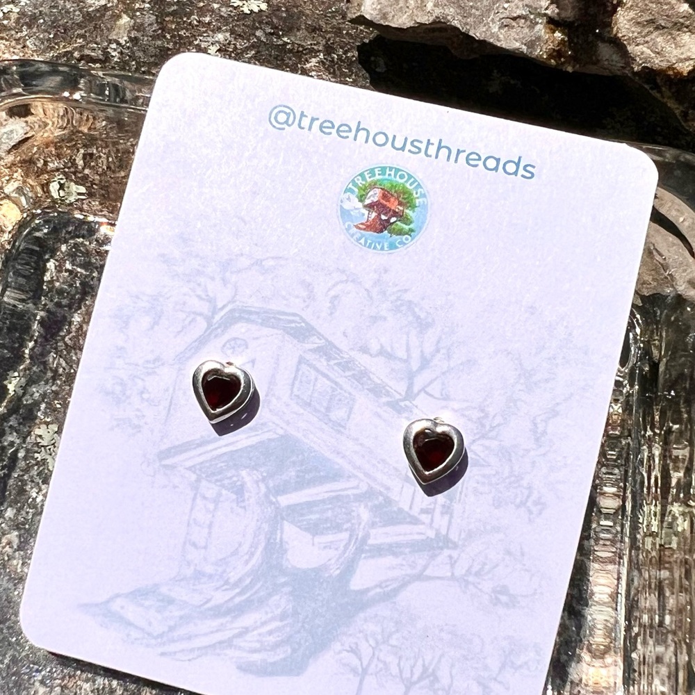 Heart Earrings Silver Garnet Red Hearts Studs